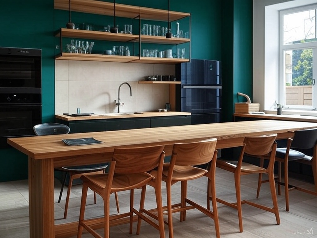 Kitchen with wooden floating shelves