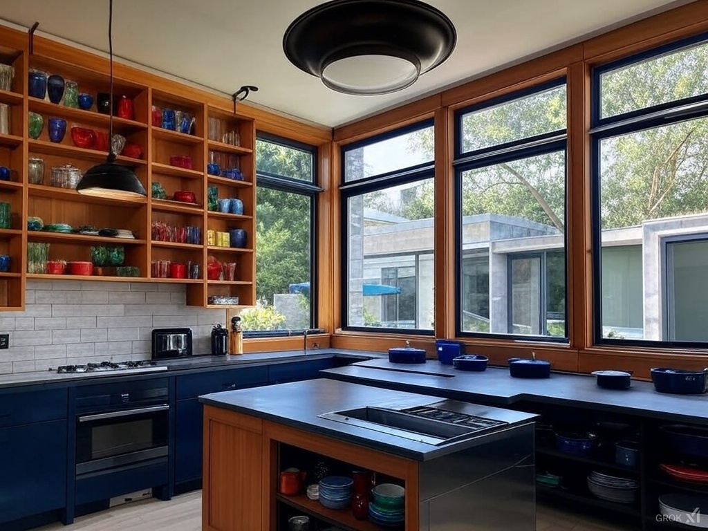 Kitchen with wooden window frames