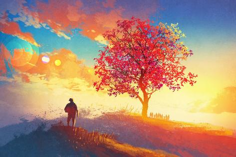 Art Print: Autumn Landscape with Alone Tree on Mountain,Coming Home Concept,Illustration Painting by Tithi Luadthong: 24x16in