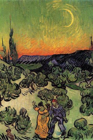 Art Print: Landscape with Couple Walking and Crescent Moon by Vincent van Gogh: 18x12in