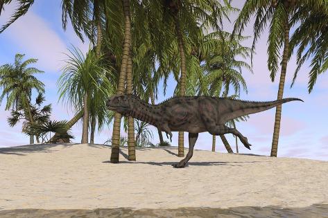 Art Print: Majungasaurus Running across a Tropical Landscape: 18x12in