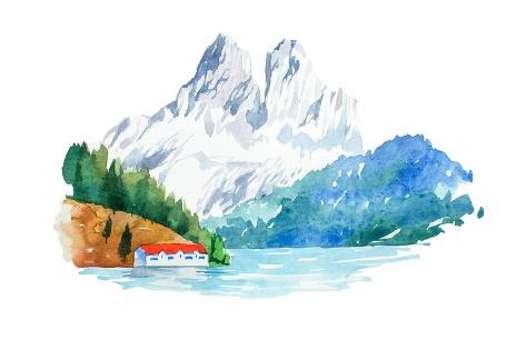 Art Print: Natural Landscape Mountains and River Watercolor Illustration by undrey: 18x12in