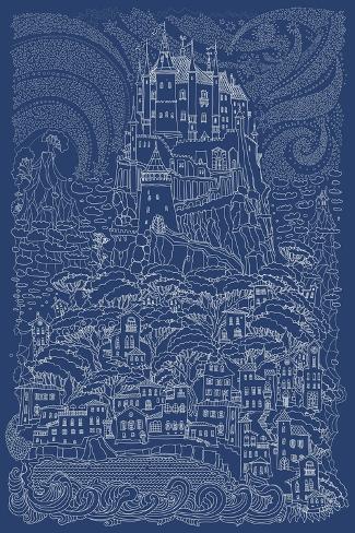 Art Print: Fantasy Landscape. Fairy Tale Castle on a Hill. Fantastic Mountain, Clouds, Pine Trees, Sea Wave. F by L Kramer: 18x12in