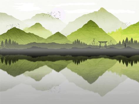 Art Print: Oriental Japanese Landscape, with Reflection of Mountains in Lake, and Mist Forming over Water. Lon: 12x9in