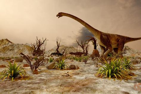 Art Print: Dinosaur. Prehistoric Jungle, Landscape, Valley with Dinosaurs. by Pavel Chagochkin: 18x12in