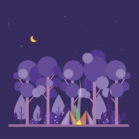 Art Print: Colorful Vector Concept with Camping Scene. Night Landscape with Tent, Forest, Fire, Sparks, Starry by twins_nika: 12x12in