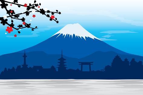 Art Print: Mountain Fuji Japan Sakura View Landscape Travel Place Vector by Ienjoyeverytime: 18x12in