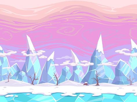 Art Print: Seamless Vector Cartoon Fantasy Landscape with Ice Mountains, Separated Layers for Game Design by Lilu330: 12x9in