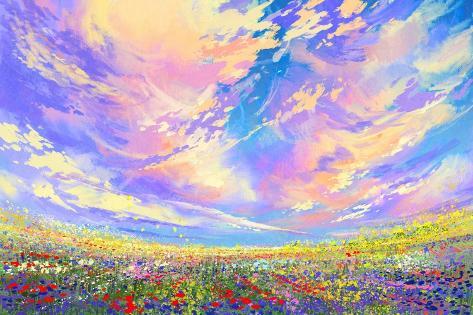 Art Print: Colorful Flowers in Field under Beautiful Clouds,Landscape Painting by Tithi Luadthong: 18x12in