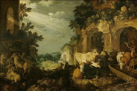 Art Print: Landscape with Ruins, Cattle and Deer by Roelant Savery: 18x12in