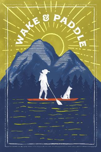 Art Print: Lake Life Series – Wake And Paddle – Landscape With Mountain by Lantern Press: 18x12in