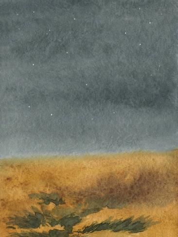 Photographic Print: Steppe at Night Landscape, Watercolor Illustration Art by Shemelina: 12x9in