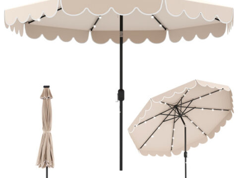 10 Feet Solar Patio Umbrella with 24 LED Lights-Beige