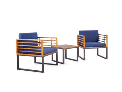 3 Pieces Patio Acacia Wood Conversation Set with Cushioned Armchairs-Navy