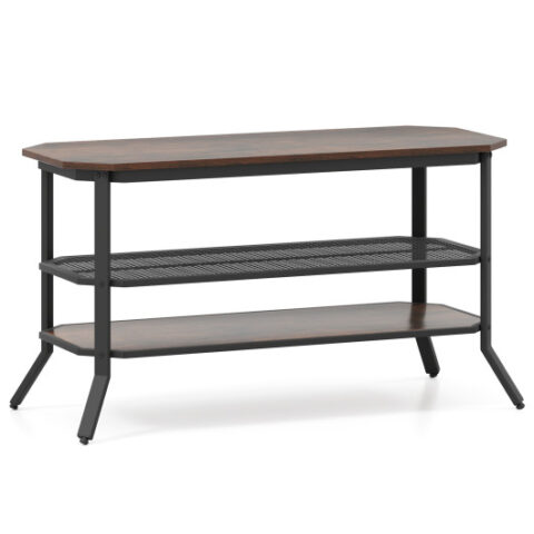 3-tier Console Table TV Stand with Mesh Storage Shelf-Rustic Brown