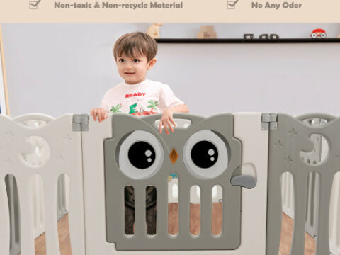 14-Panel Baby Playpen Kids Activity Center Foldable Play Yard with Lock Door-Beige