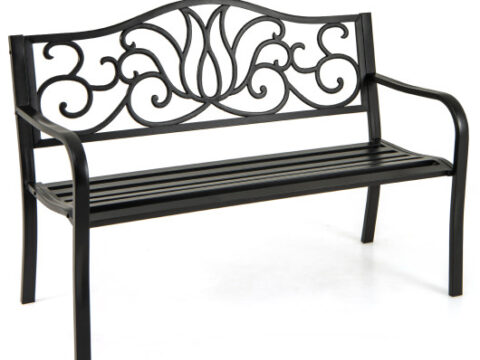 50 Inches Outdoor Garden Bench with Floral Design Backrest and Slatted Seat-Black