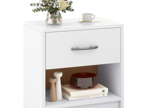 Bedside Table Nightstand with Drawer and Open Storage Shelf-White
