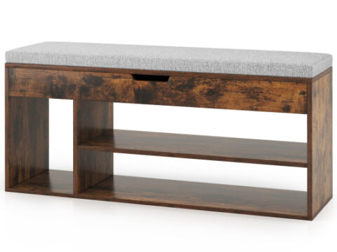 Padded Seat Shoe Bench with Hidden Storage and 3 Open Shelves-Coffee