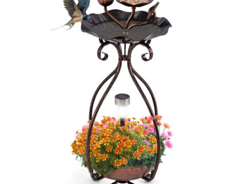 Solar Outdoor Bird Bath Feeder Combo with Flower Planter Pedestal and Solar Lights-Copper