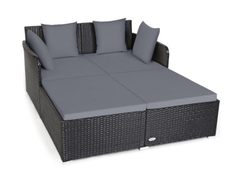 Spacious Outdoor Rattan Daybed with Upholstered Cushions and Pillows-Gray