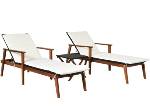 3 Pieces Portable Patio Cushioned Rattan Lounge Chair Set with Folding Table-White