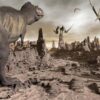 Art Print: Tyrannosaurus Rex Dinosaur and Pteranodons on a Rocky Desert Landscape: 12x9in