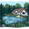 Art Print: Hand Drawn Sketch Illustration with Rustic Landscape, Lake, House and Pine Trees by HannaSymo: 18x12in