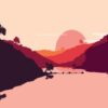 Art Print: Flat Landscape of Mountain, Lake and Forest in Evening in Warm Tone. Vector Illustration by miomart: 18x12in