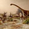 Art Print: Dinosaur. Prehistoric Jungle, Landscape, Valley with Dinosaurs. by Pavel Chagochkin: 18x12in